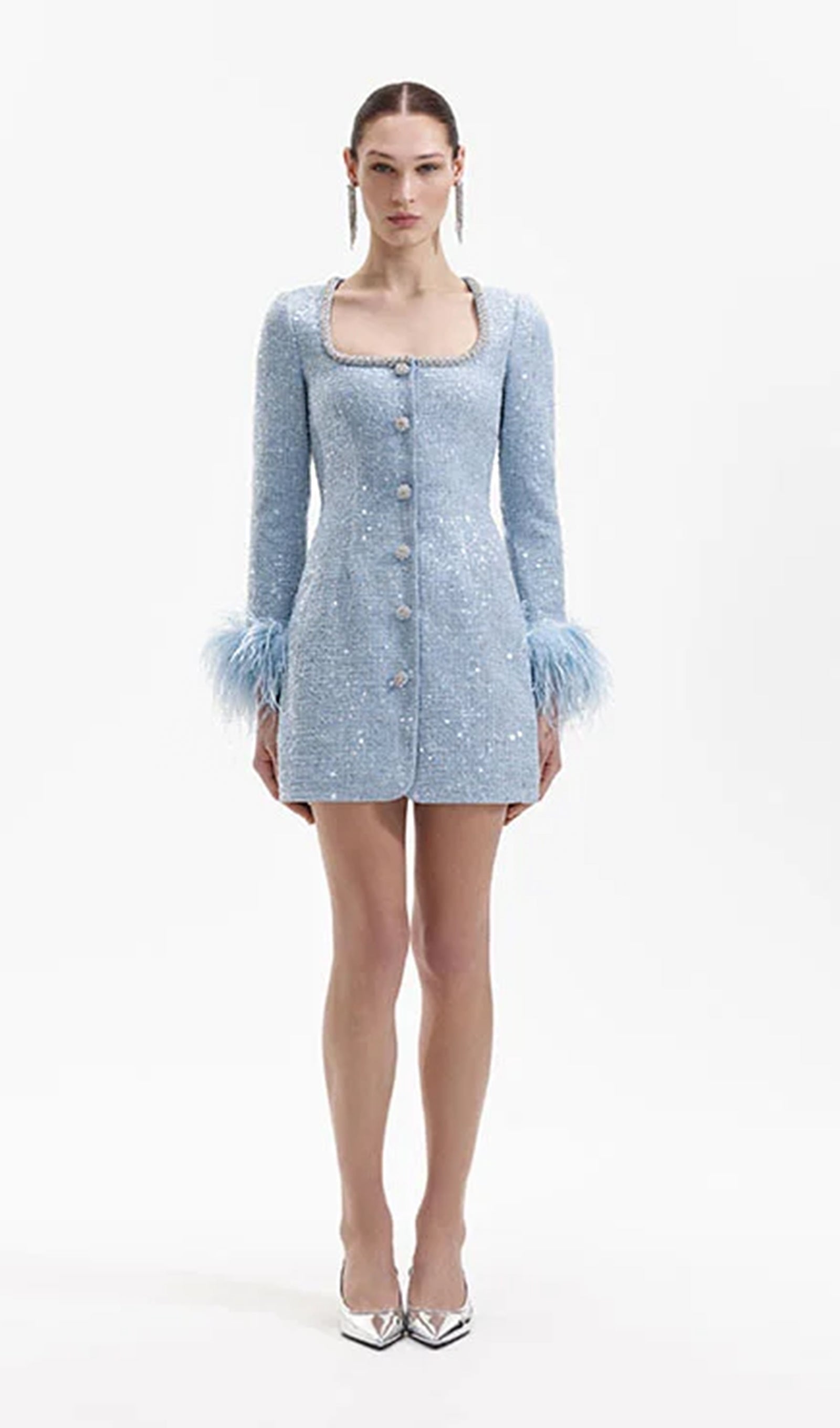 Sequin Bouclé Feathered Mini Dress 
