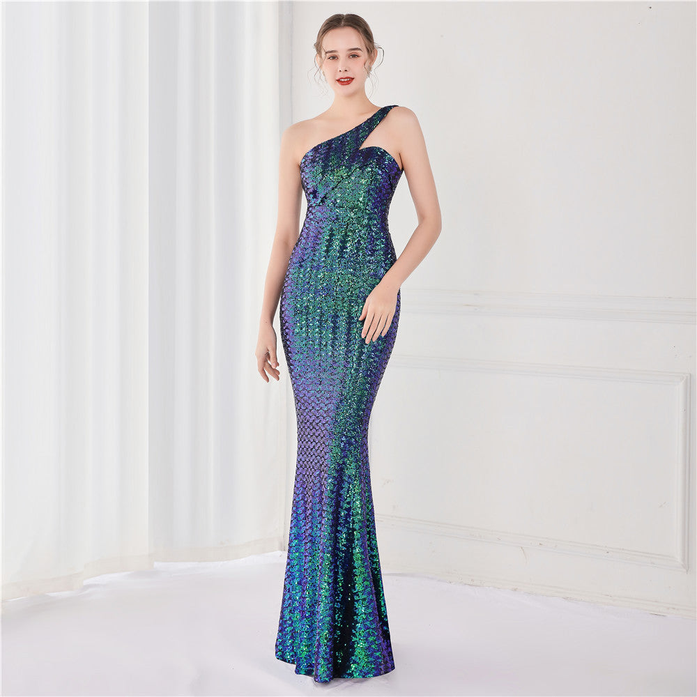 One-Shoulder Sequin Formal Maxi Dress 