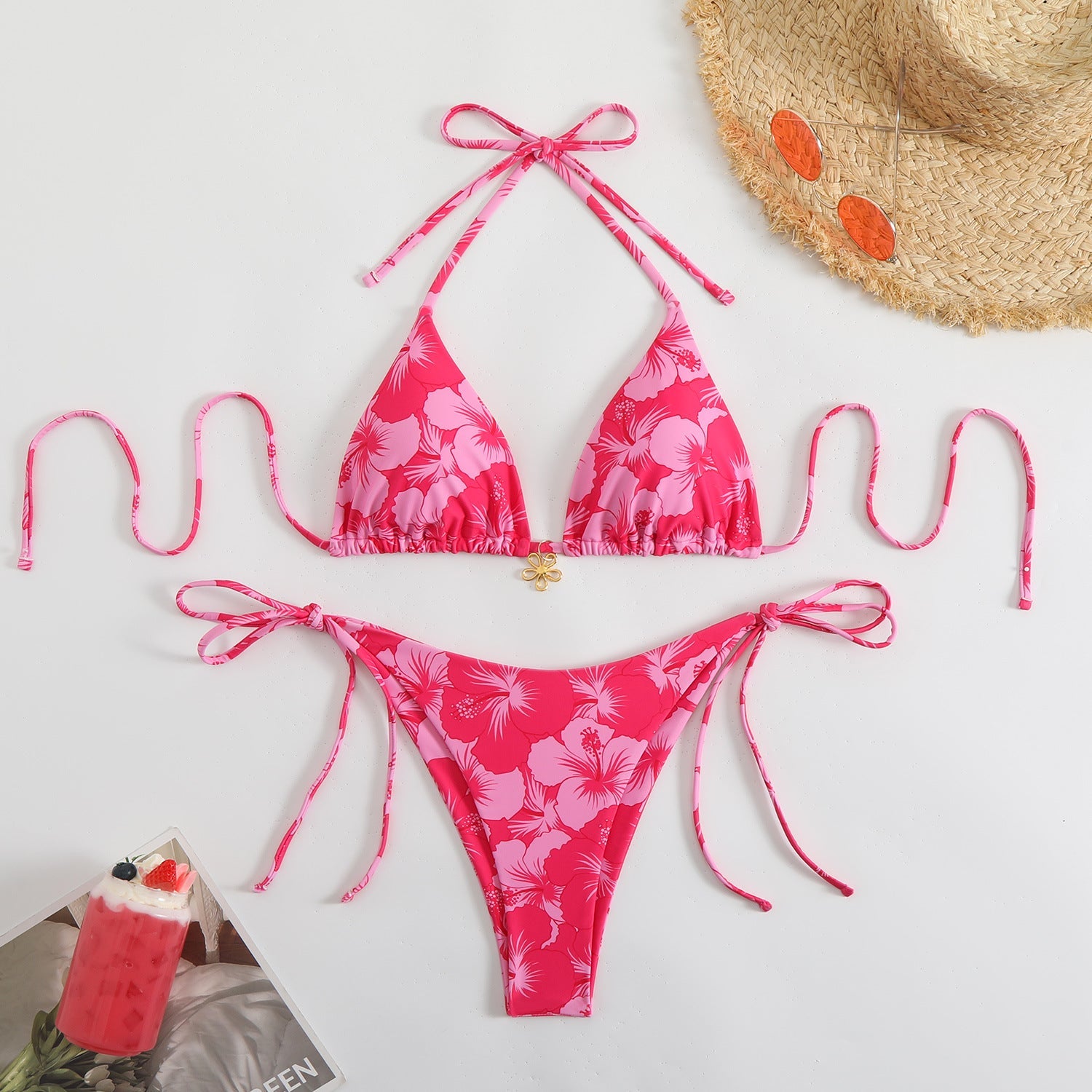 Çift Taraflı Baskılı Boyun Askılı Bikini Takımı
