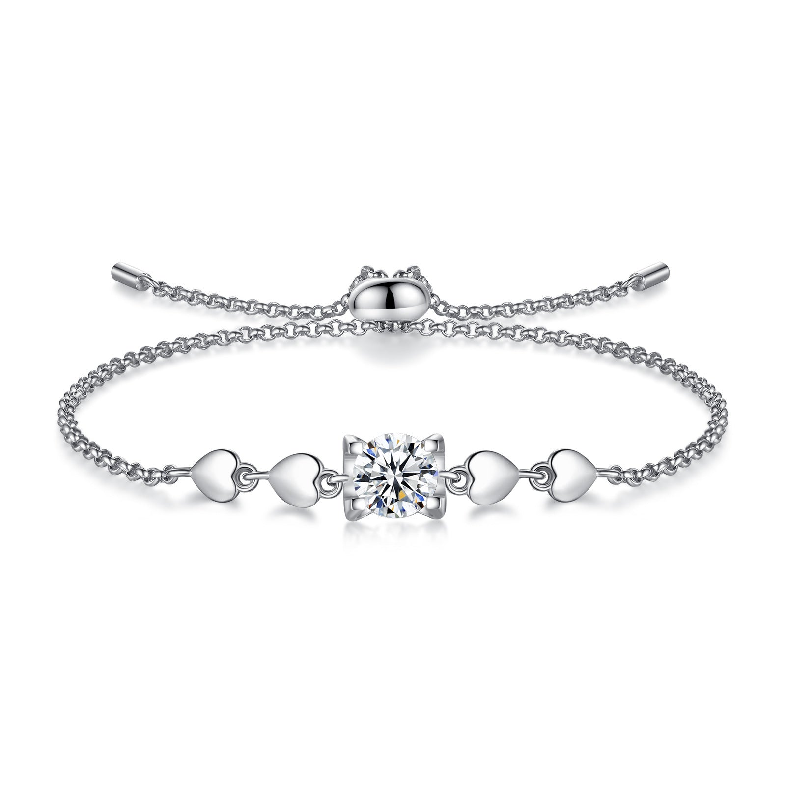 Kalp Detaylı Işıltılı Moissanite Taşlı Gümüş Bileklik