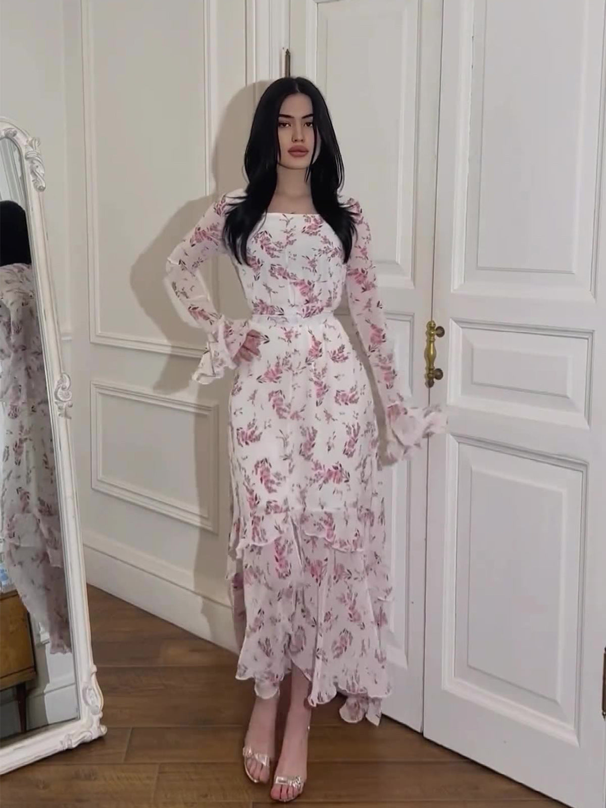 Alisora Romantik Çiçek Desenli Uzun Şifon Elbise