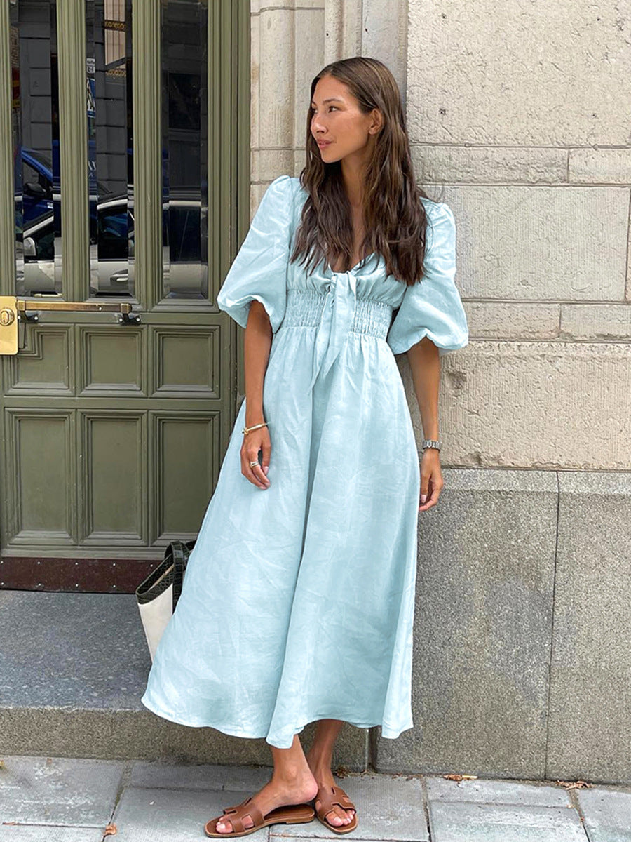 Midikleid aus Leinen-Baumwolle mit Bindeband vorne 