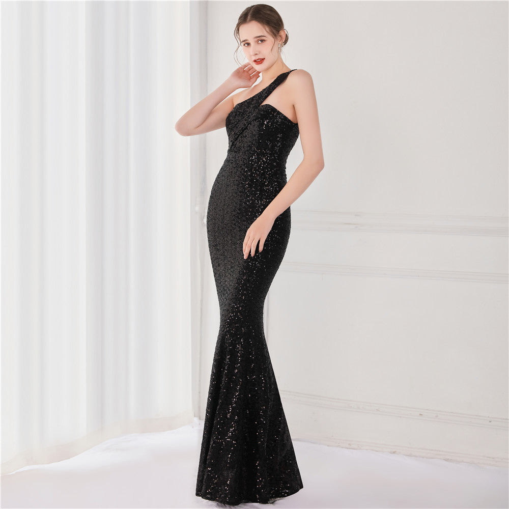 One-Shoulder Sequin Formal Maxi Dress 