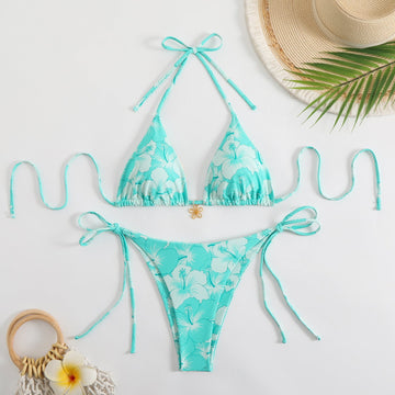 Çift Taraflı Baskılı Boyun Askılı Bikini Takımı