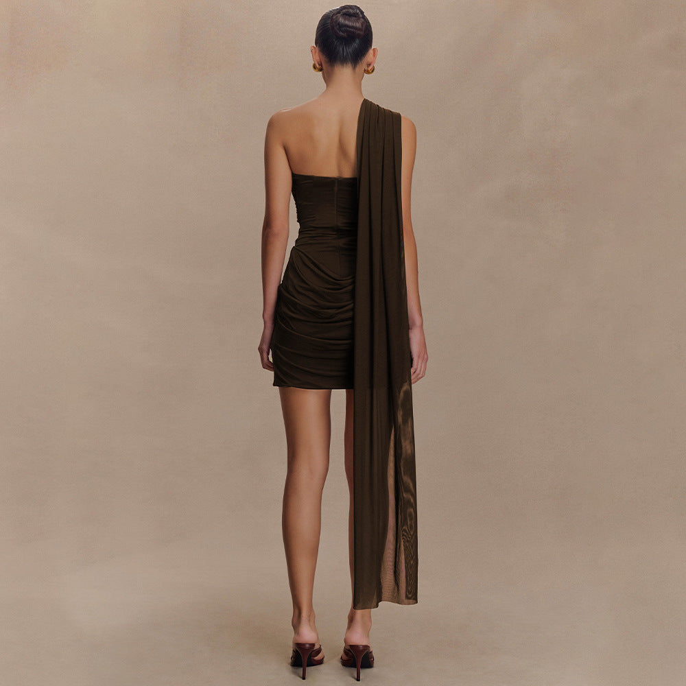 Cyren Minikleid mit gerafftem Schal, Braun