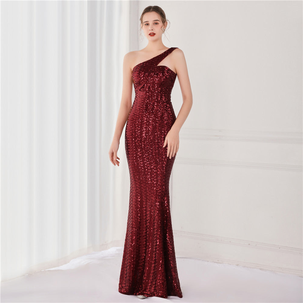 One-Shoulder Sequin Formal Maxi Dress 