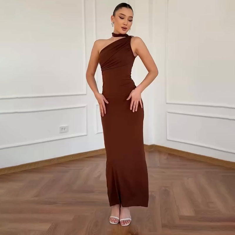 Alisora Kahverengi Tek Omuz  Elbise