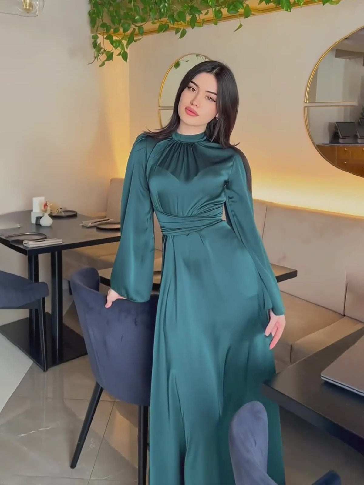Alisora Saten Kruvaze-Bel Detaylı Uzun Elbise 🤎 💚💙