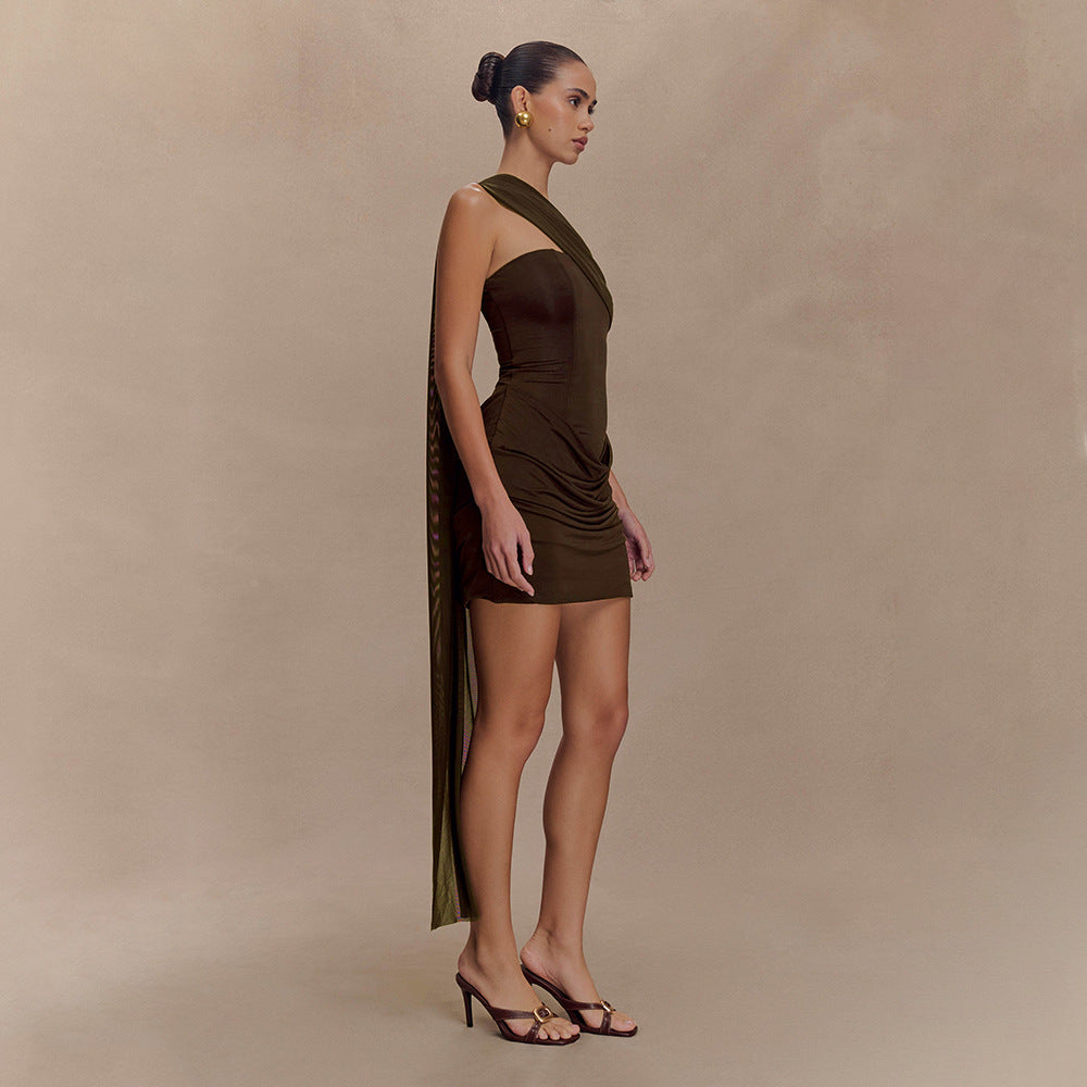 Cyren Minikleid mit gerafftem Schal, Braun