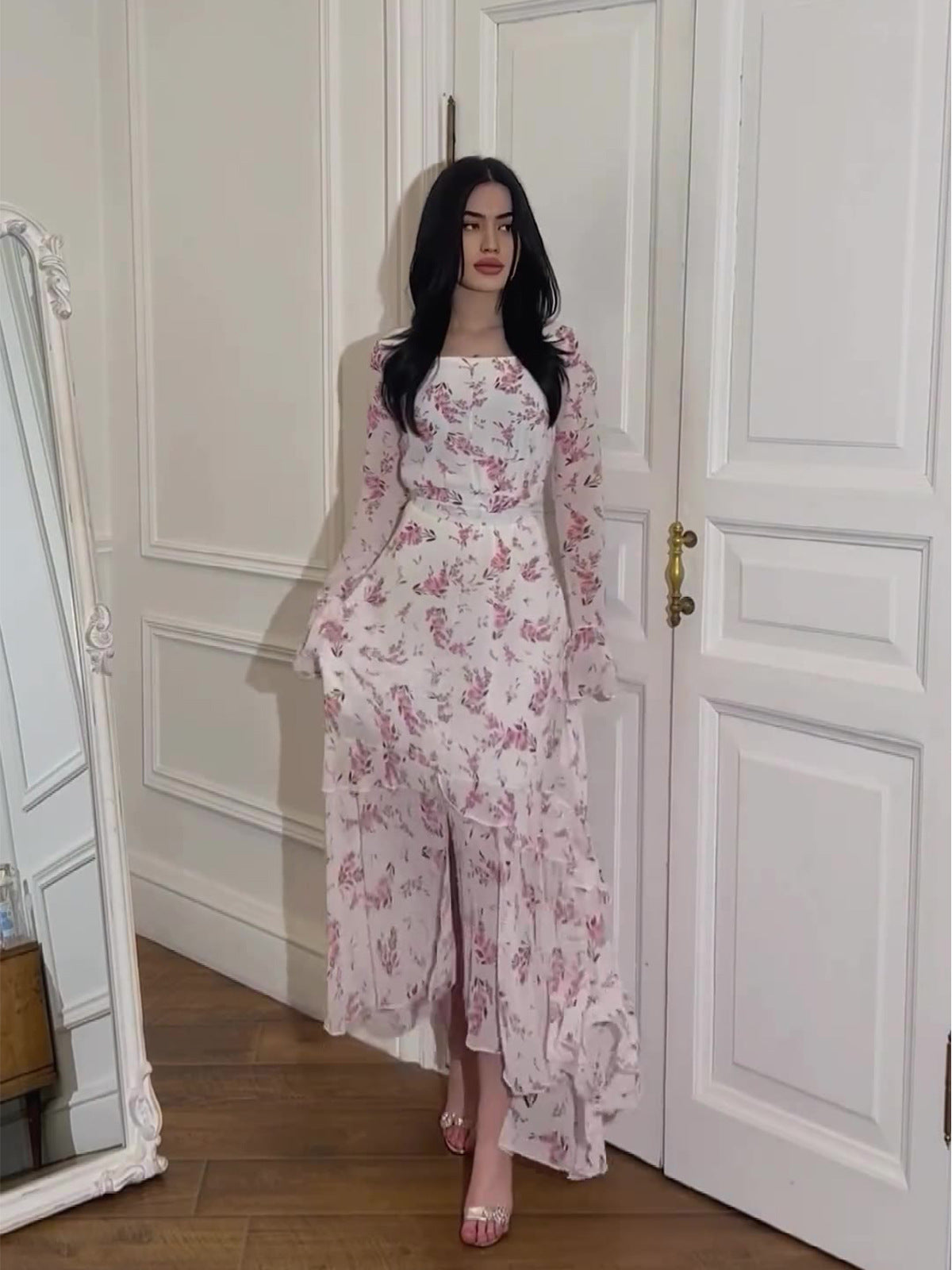 Alisora Romantik Çiçek Desenli Uzun Şifon Elbise