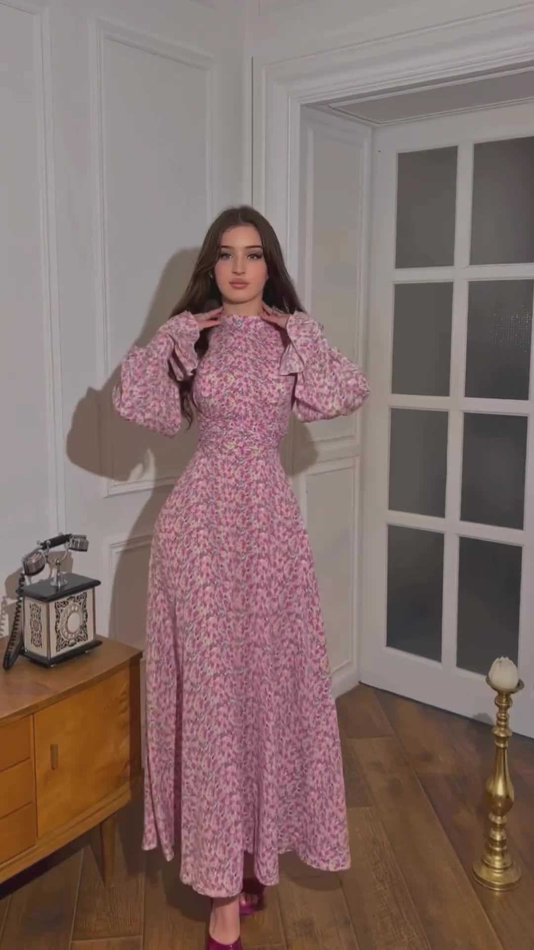 Alisora Pembe Çiçekli Şifon Maxi Elbise
