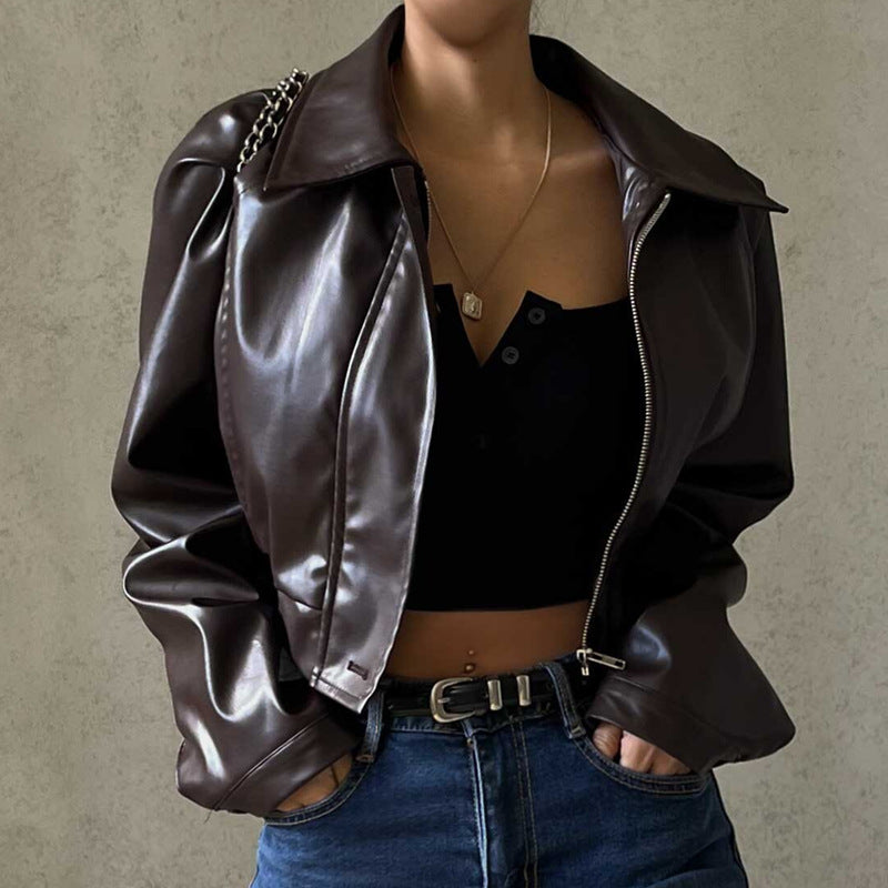 Kahverengi Deri Crop Ceket
