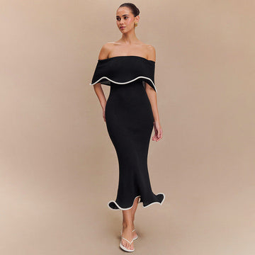 Kolsuz Fırfır Örme Maxi Elbise