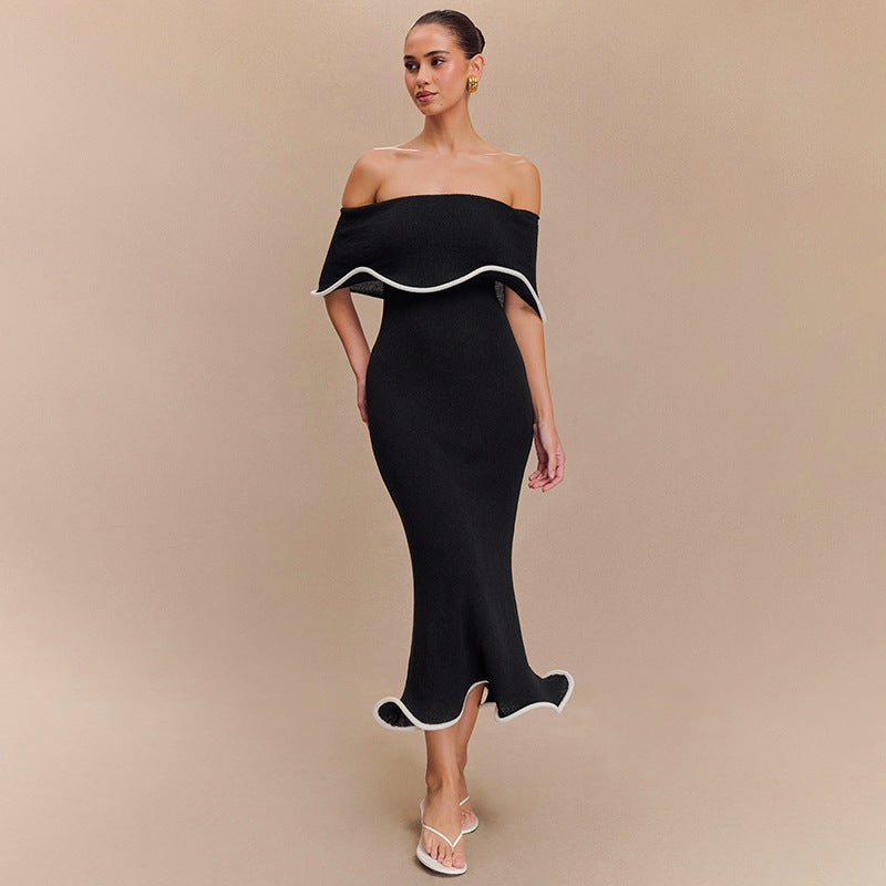 Kolsuz Fırfır Örme Maxi Elbise