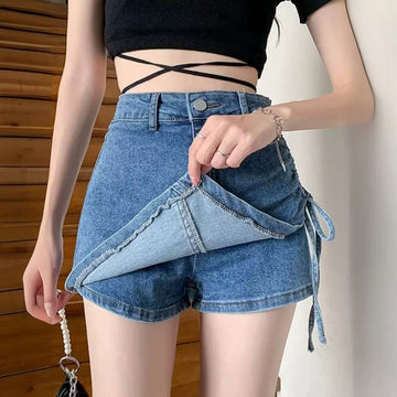 Bağcıklı Asimetrik Kot Etek