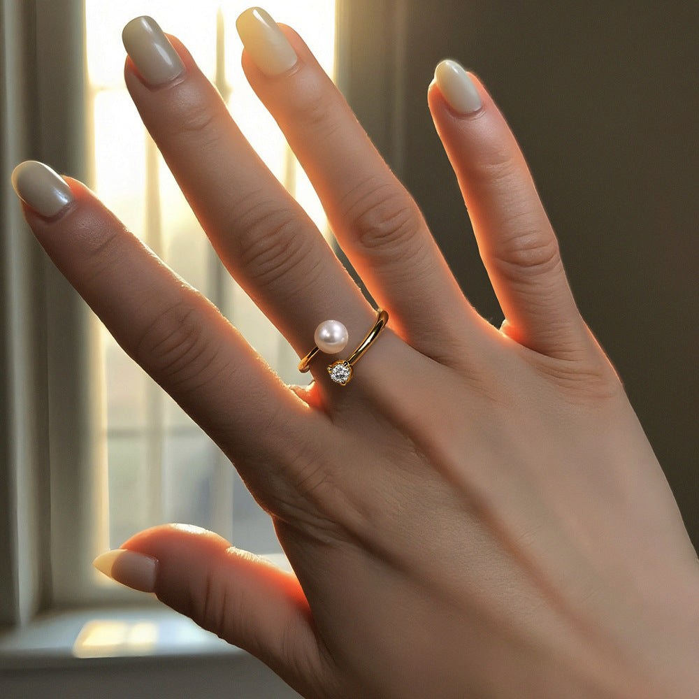 S925 Ayar İnci  Moissanite Taşlı Ayarlanabilir Yüzük