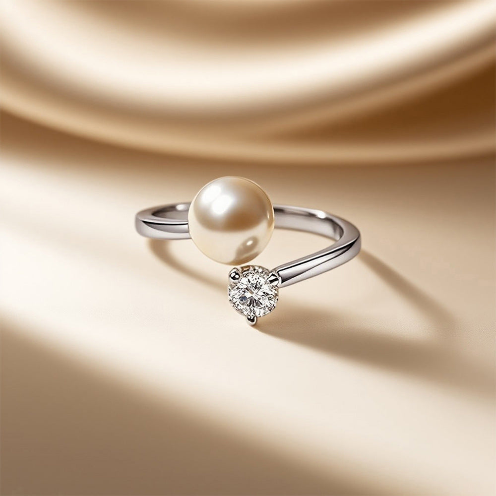 S925 Ayar İnci  Moissanite Taşlı Ayarlanabilir Yüzük