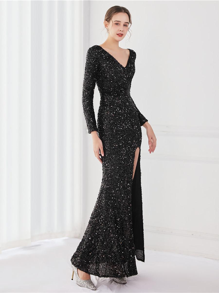 Rosalind Plain V-Neck Sequin Maxi Dress