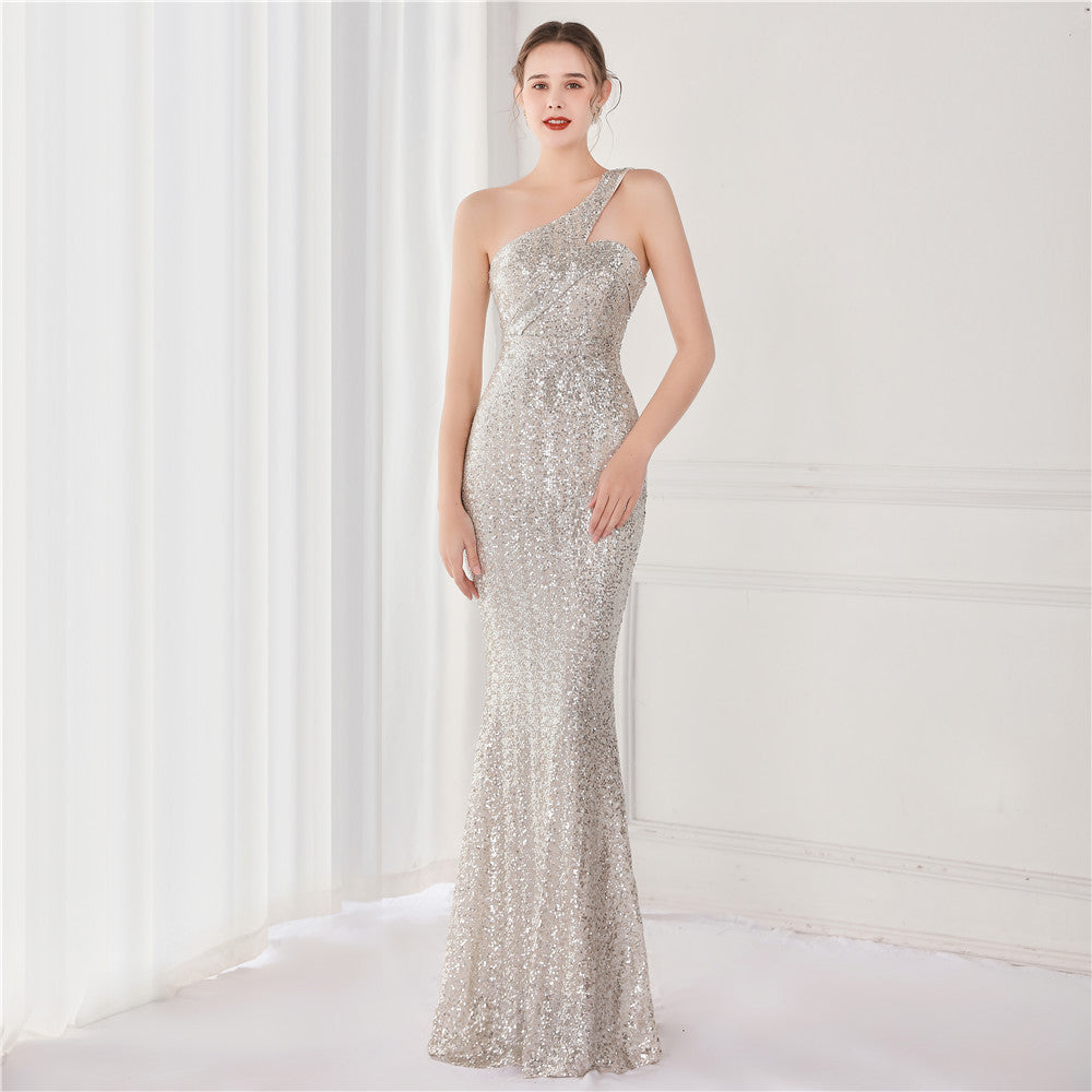 One-Shoulder Sequin Formal Maxi Dress 
