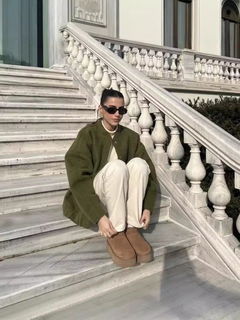 Oversize Gri Yün Görünümlü Ceket