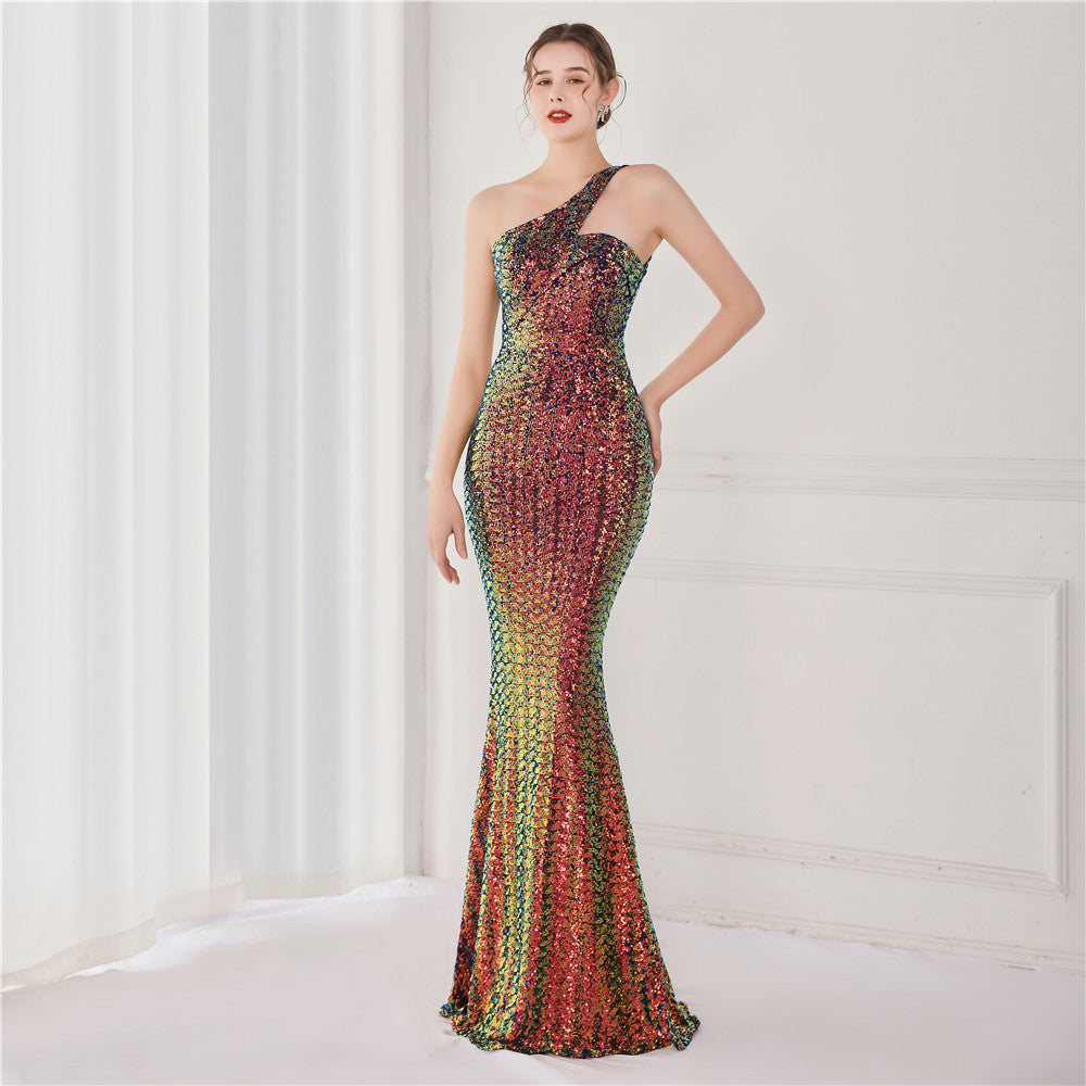 One-Shoulder Sequin Formal Maxi Dress 