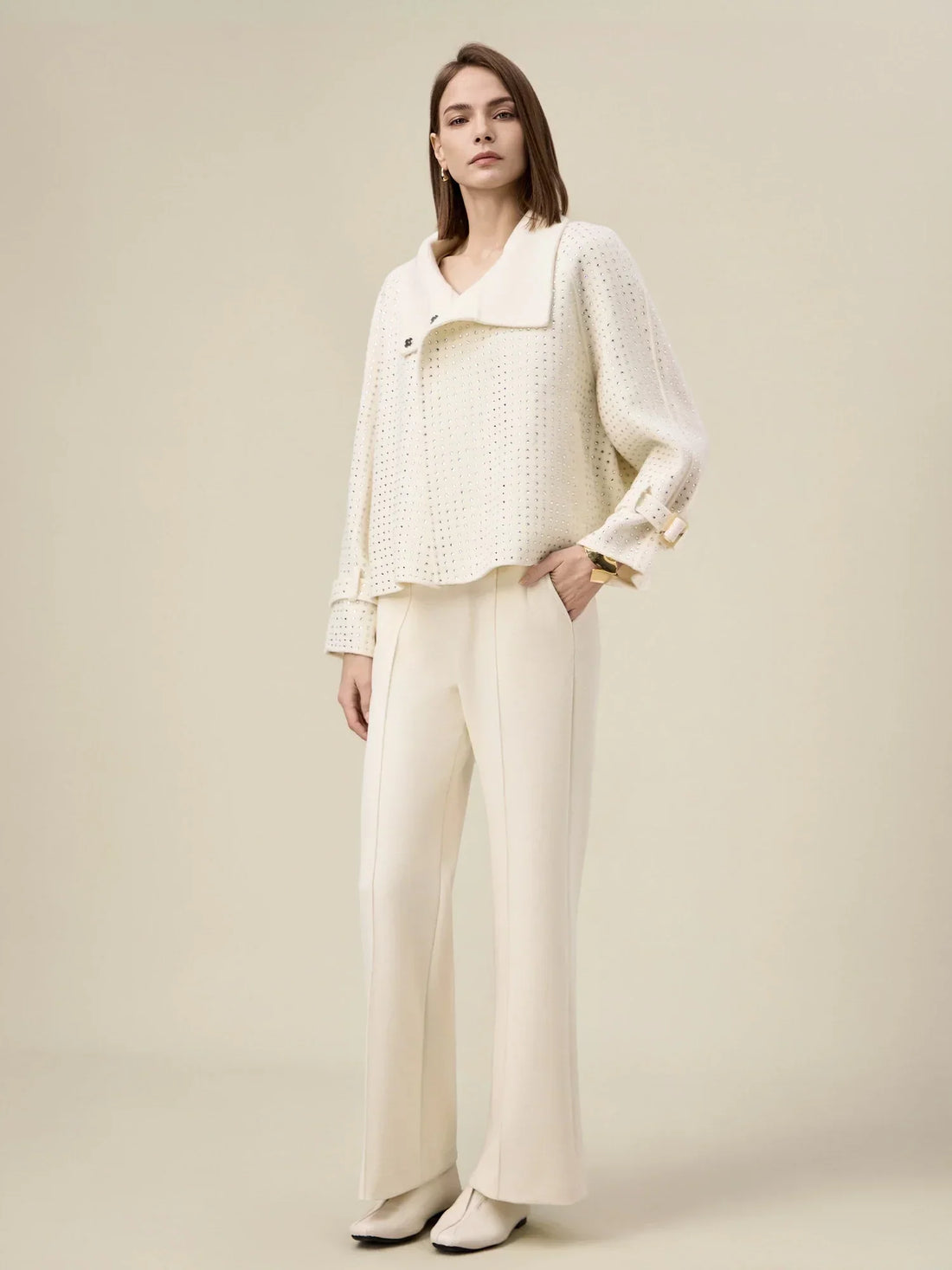 Women's Wool Collar Rhinestone Cropped Coat