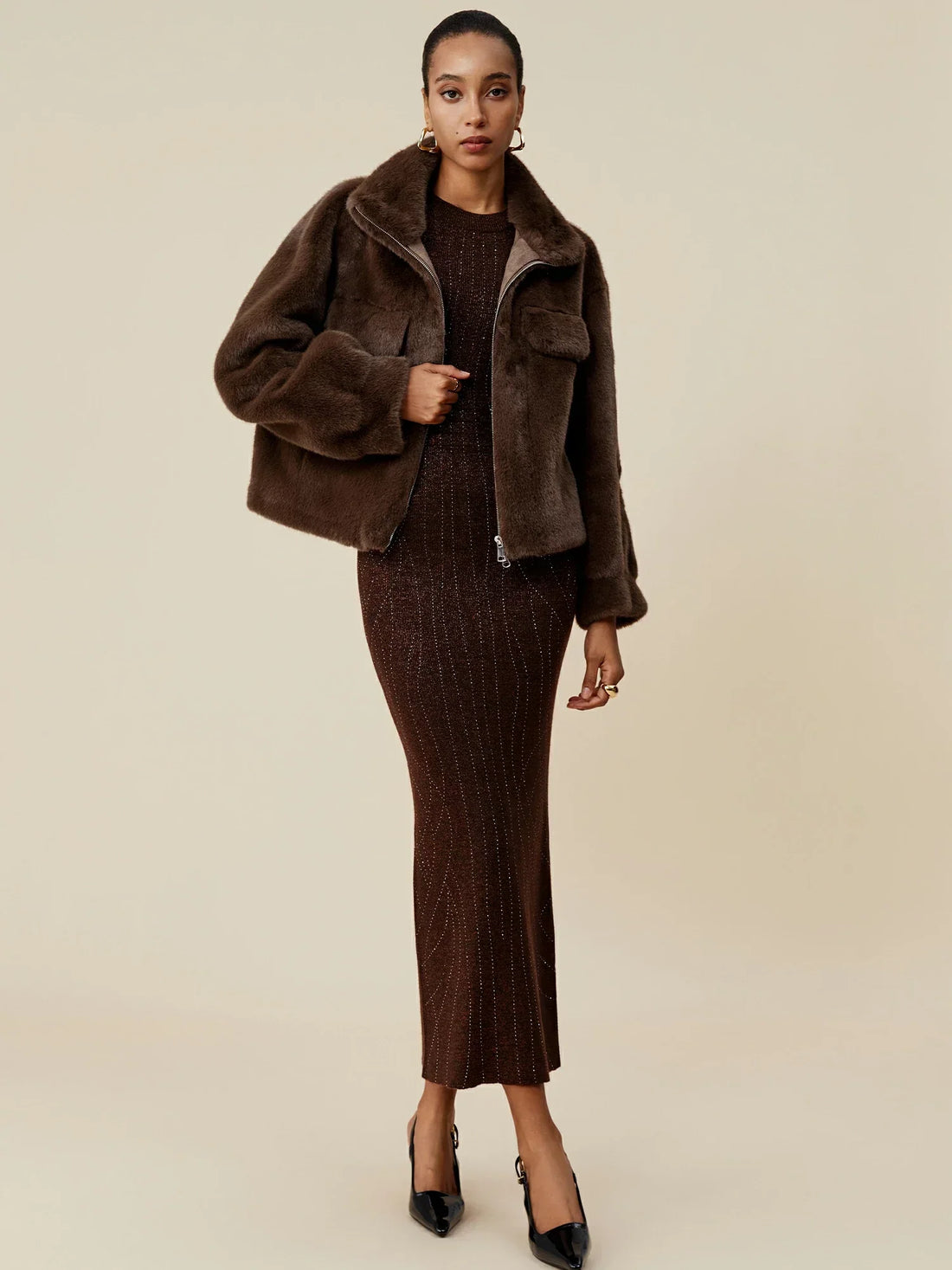 Collar Long Sleeve Eco-Friendly Fur Coat