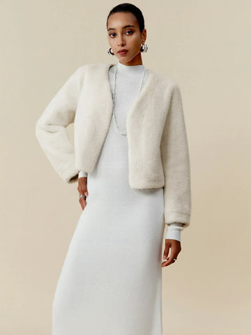 V-Neck Long-Sleeved Eco-Friendly Fur Short Coat
