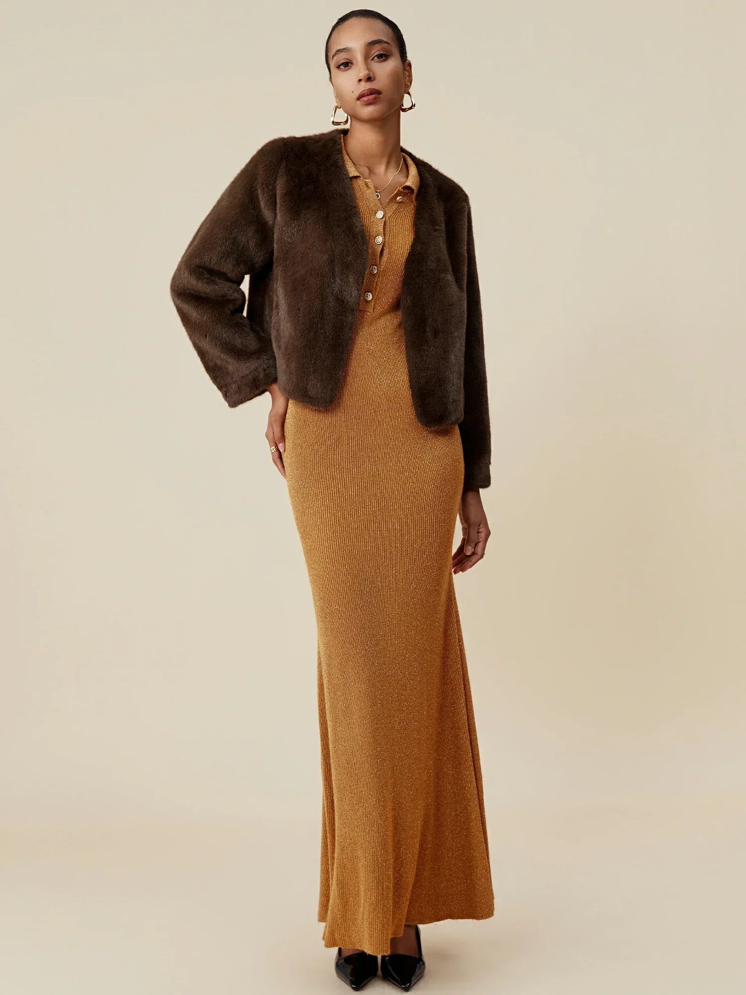 V-Neck Long-Sleeved Eco-Friendly Fur Short Coat