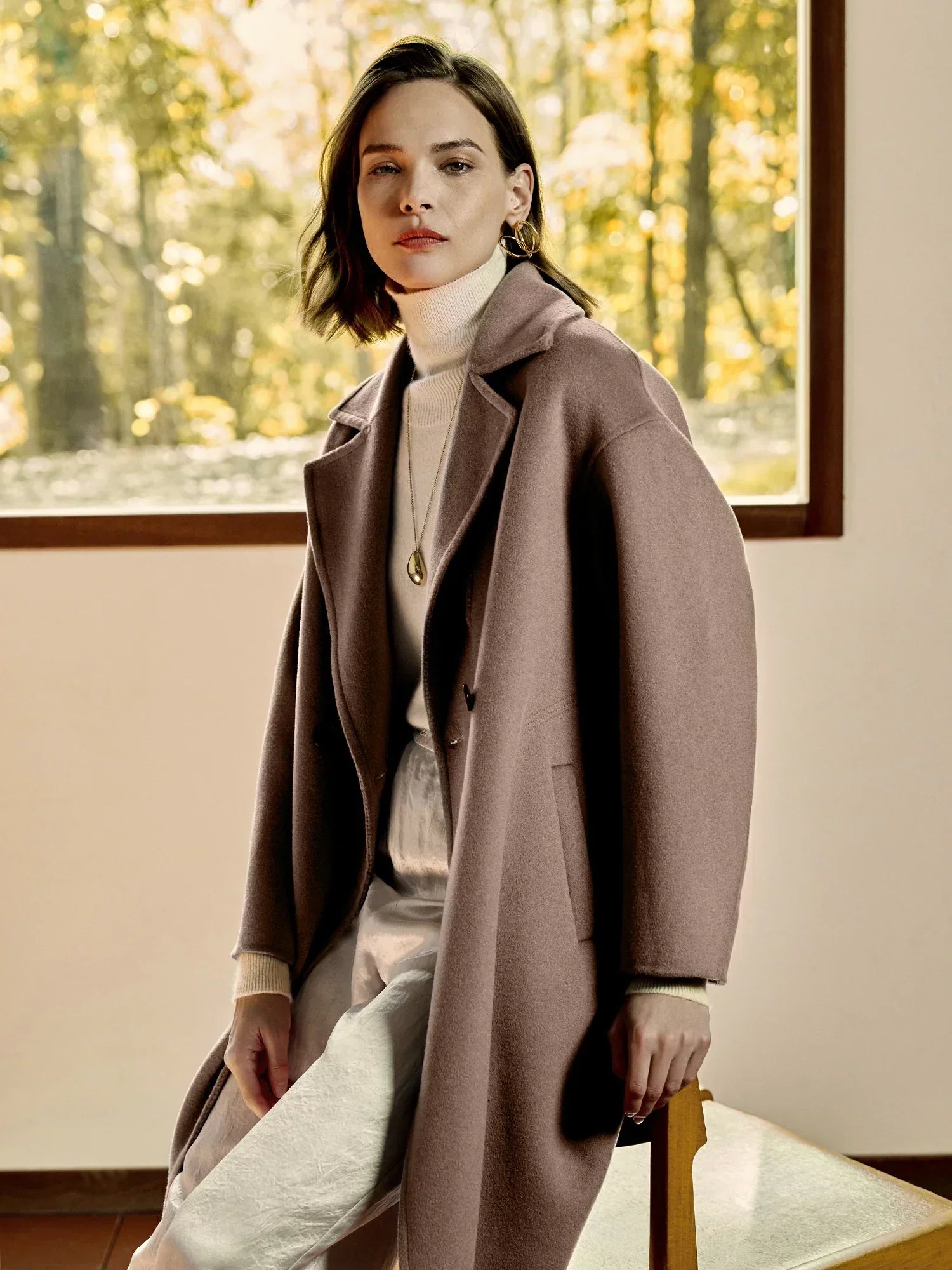 Wool Notched Collar Long-Sleeved Coat