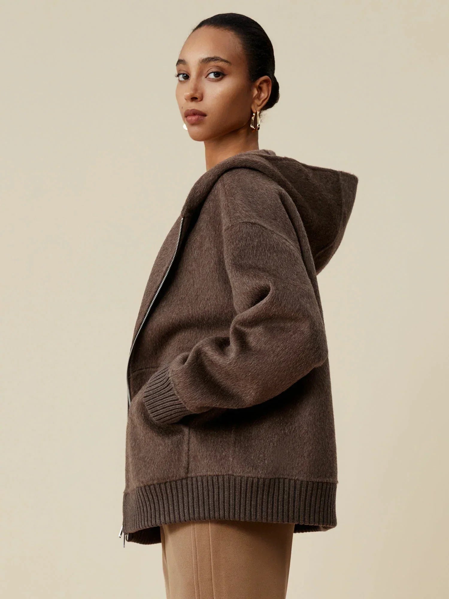 Wool Hooded Long-Sleeved Zip-Up Short Coat