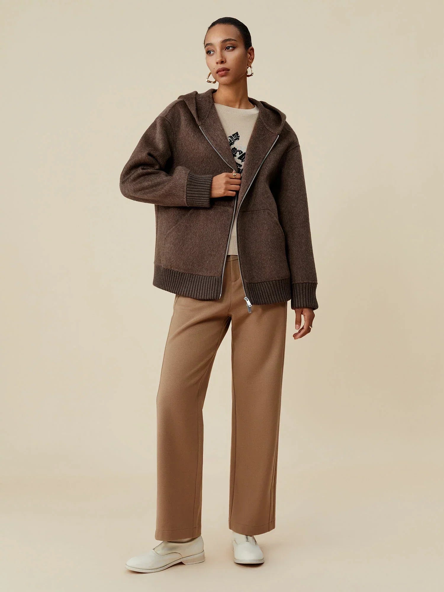 Wool Hooded Long-Sleeved Zip-Up Short Coat