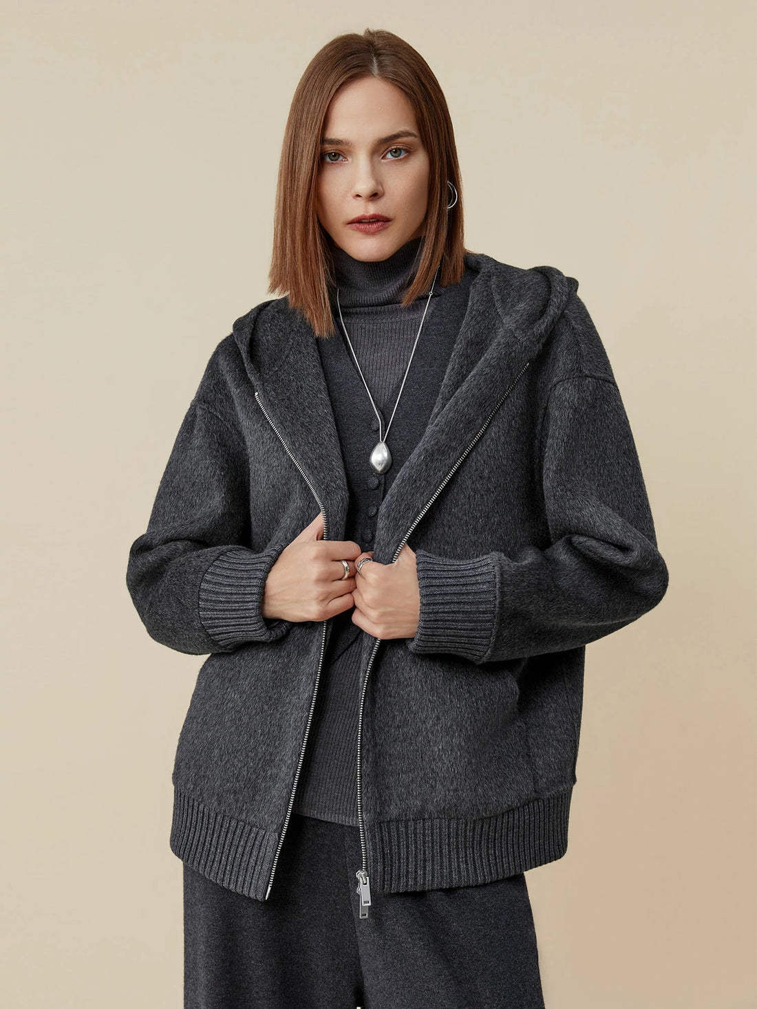 Wool Hooded Long-Sleeved Zip-Up Short Coat