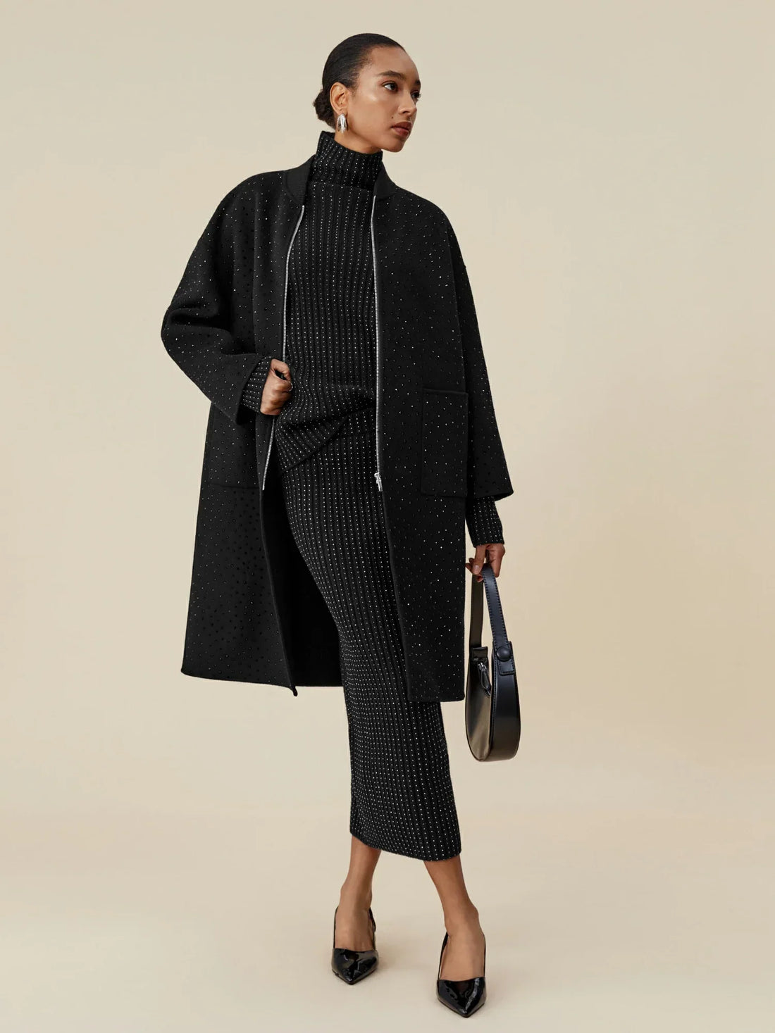 Wool Rhinestone Zippered Long Coat