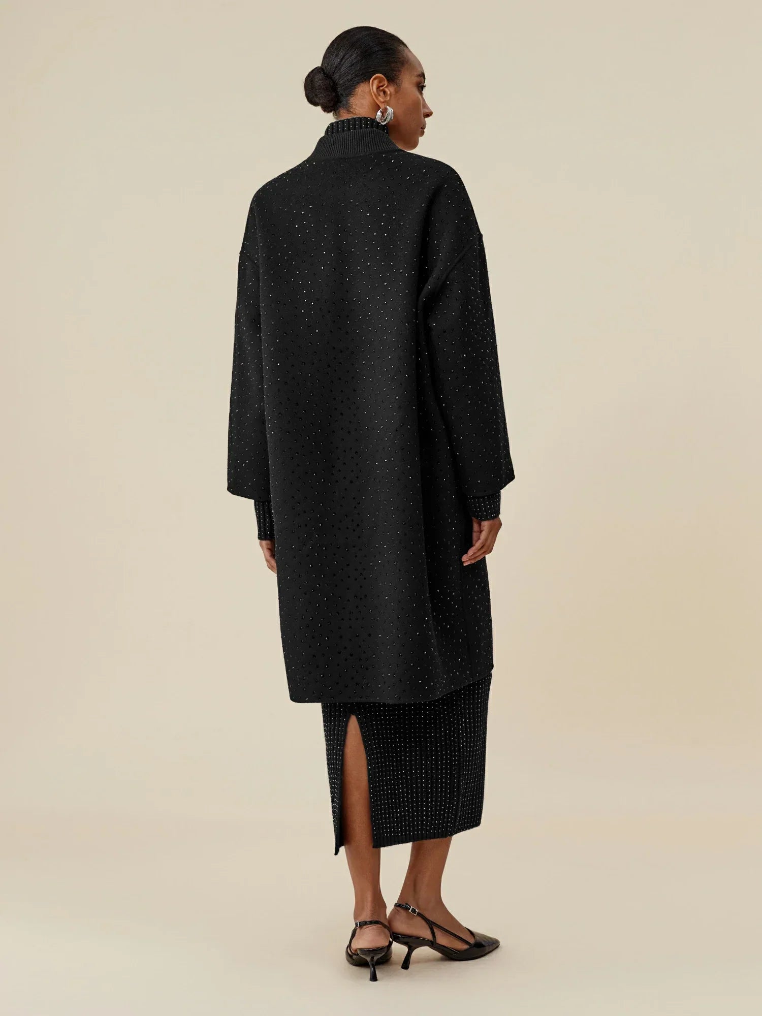 Wool Rhinestone Zippered Long Coat