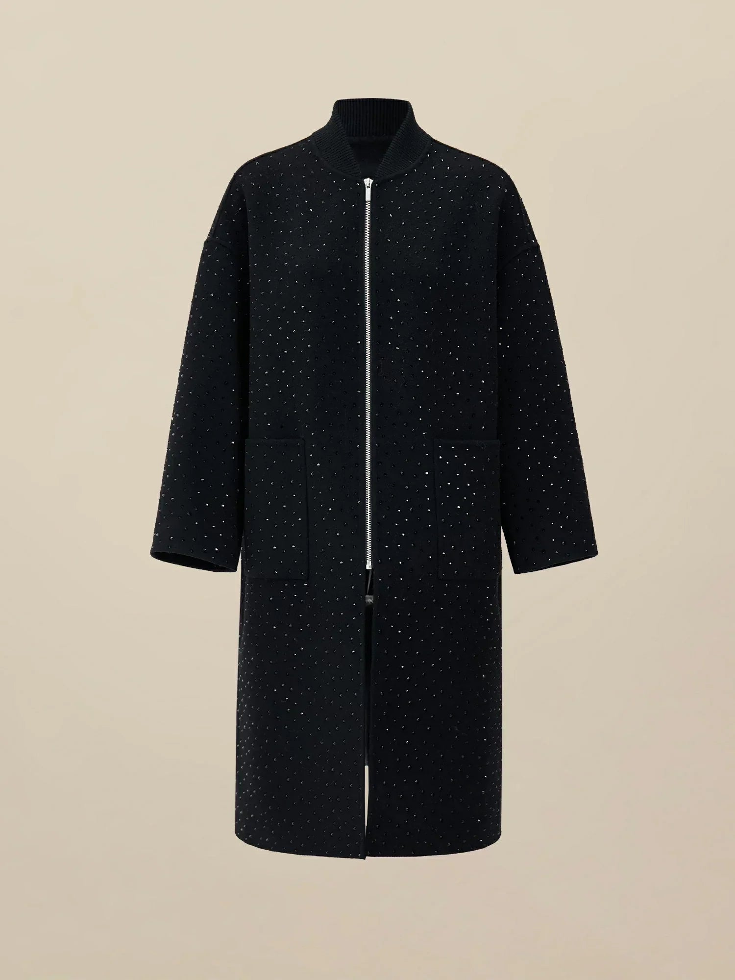 Wool Rhinestone Zippered Long Coat
