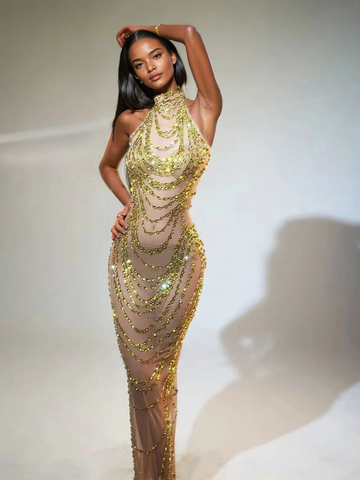 Olisa Halterneck Rhinestone Maksi Elbise