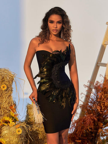 Paislee Feathered Bandage Mini Dress