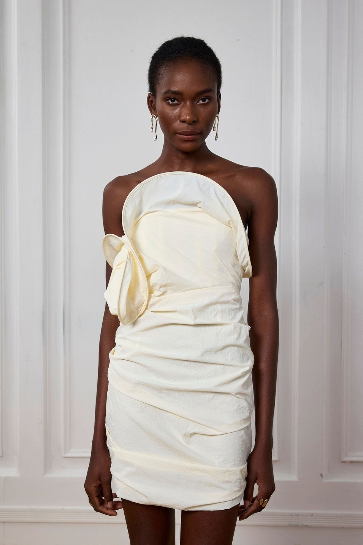 Pearl Twist Ruch Off-Shoulder Mini Dress White