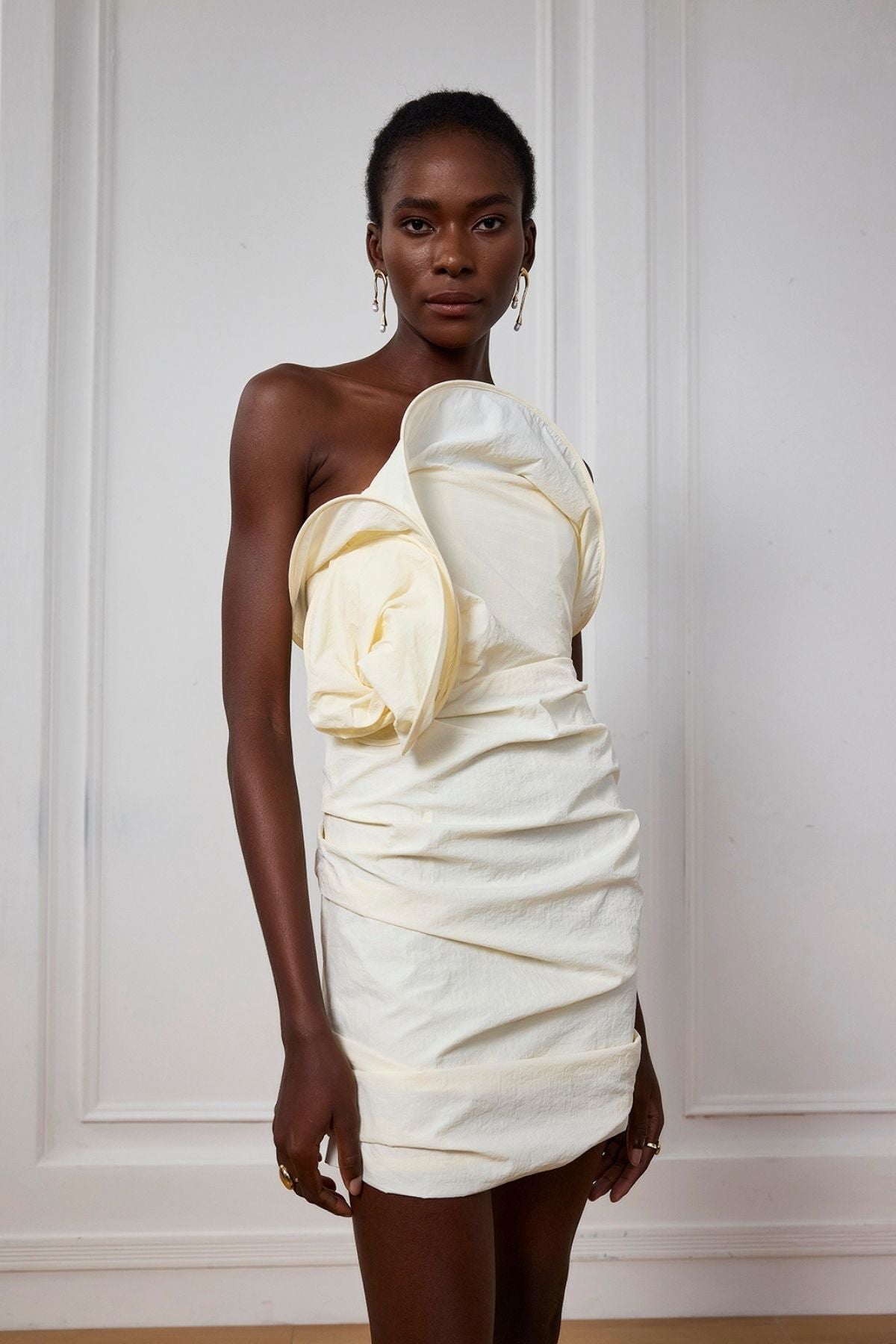 Pearl Twist Ruch Off-Shoulder Mini Dress White