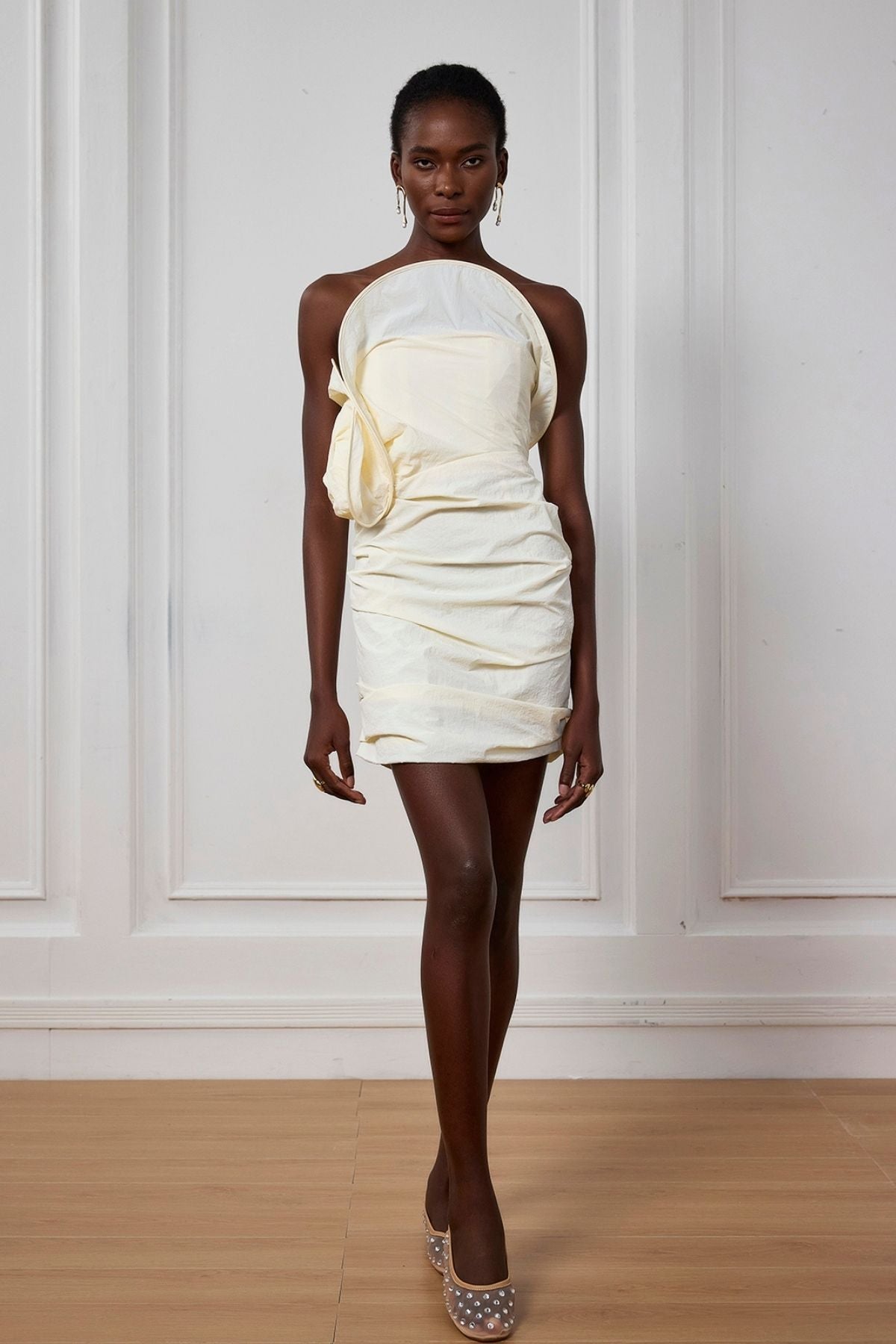 Pearl Twist Ruch Off-Shoulder Mini Dress White