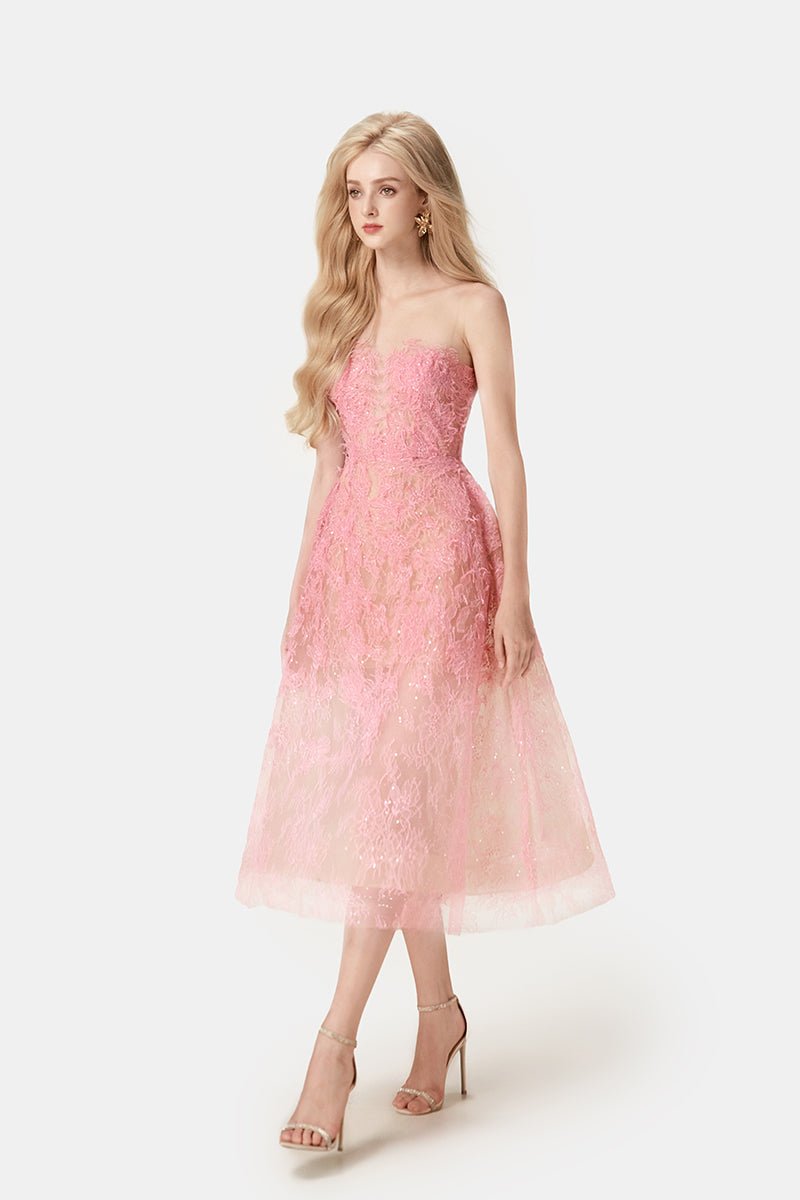 Melinda Dantel Midi Elbise-Pembe