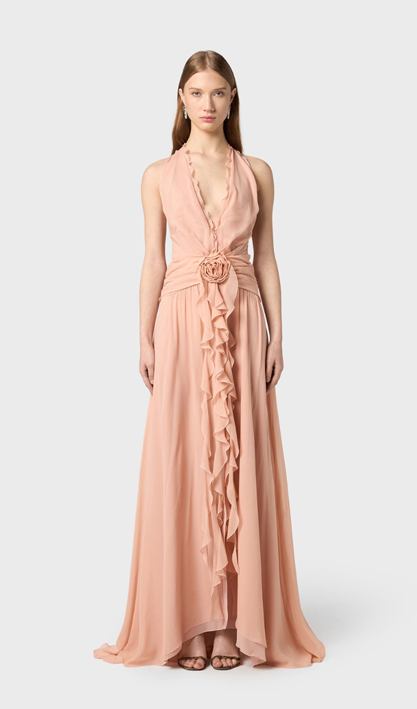 Halter Ruffles Maxi Dress with Rose Embellishments 