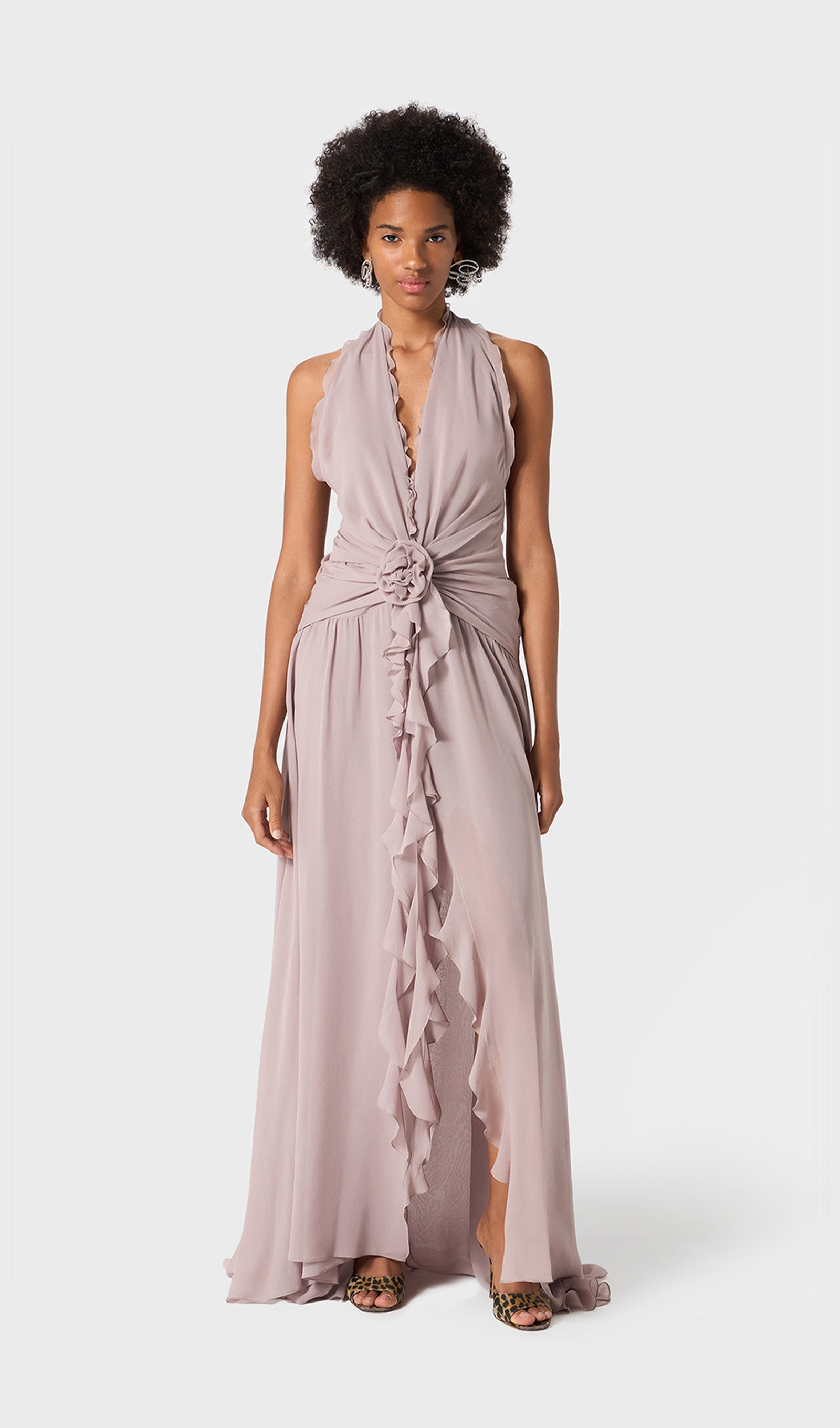 Halter Ruffles Maxi Dress with Rose Embellishments 