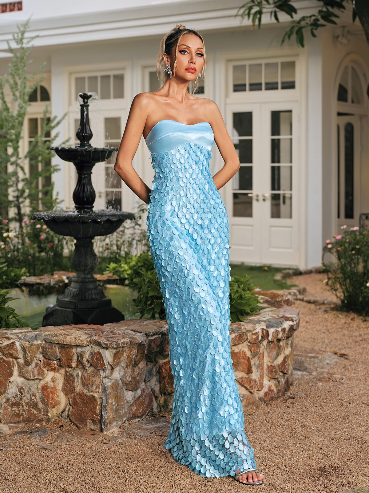 Rhoxane Strapless Scaled Lace Maxi Dress