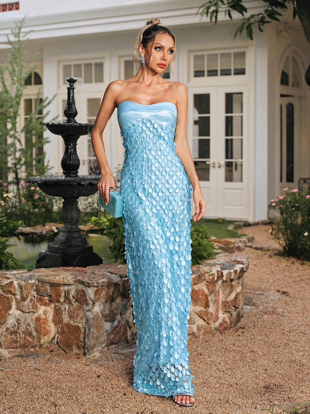 Rhoxane Strapless Scaled Lace Maxi Dress
