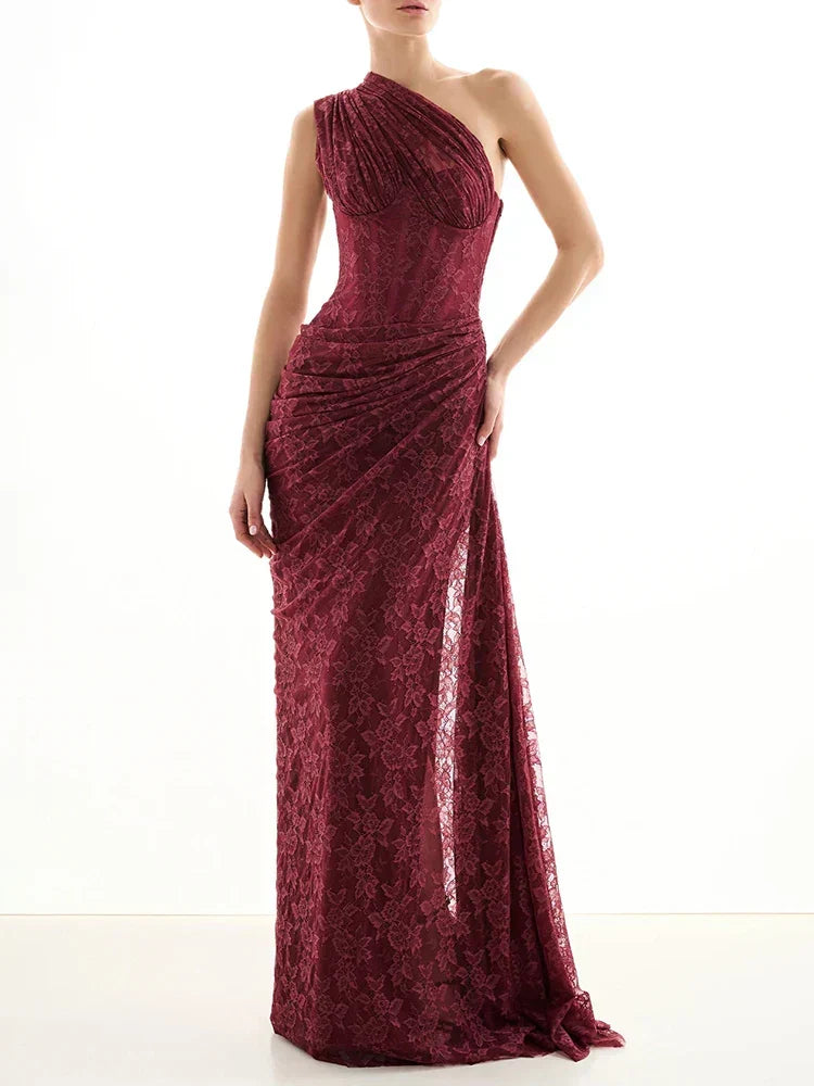 Melisande Tek Omuz Maxi Elbise-Bordo