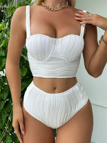 Faltenbesetztes, bügelbesetztes Bikini-Set mit hohem Bund