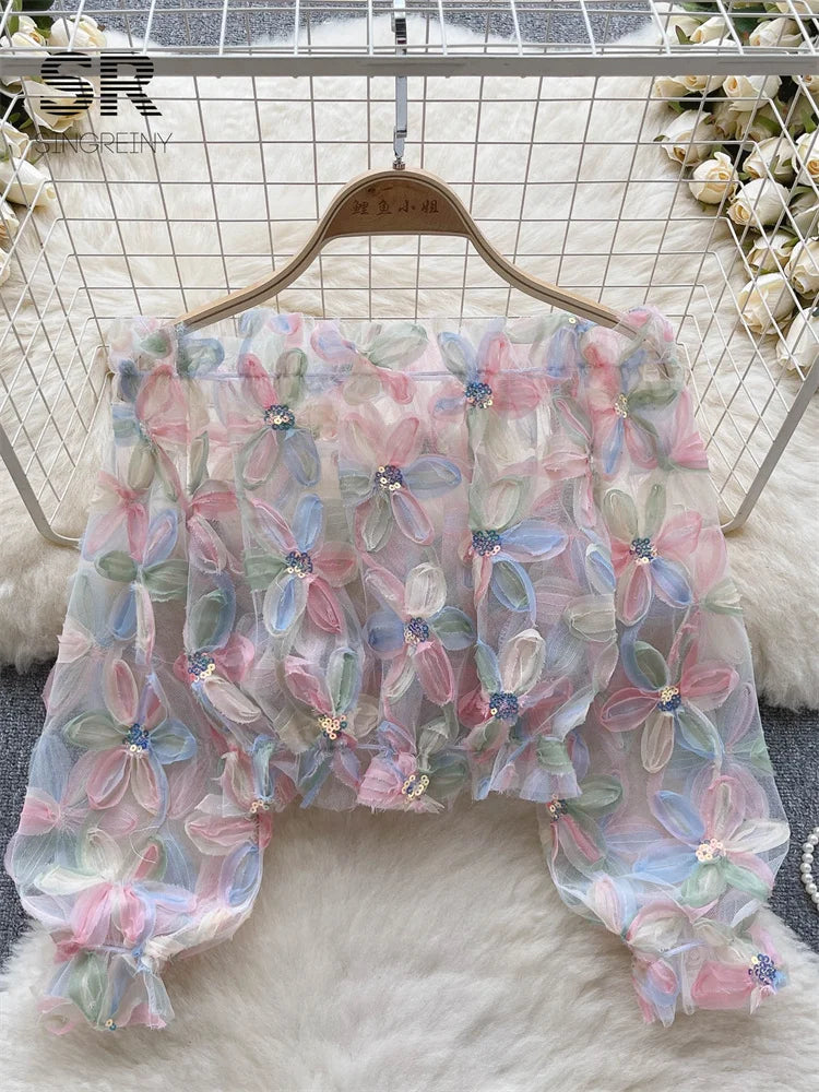 Floral Sequin Boat Neck Blouse