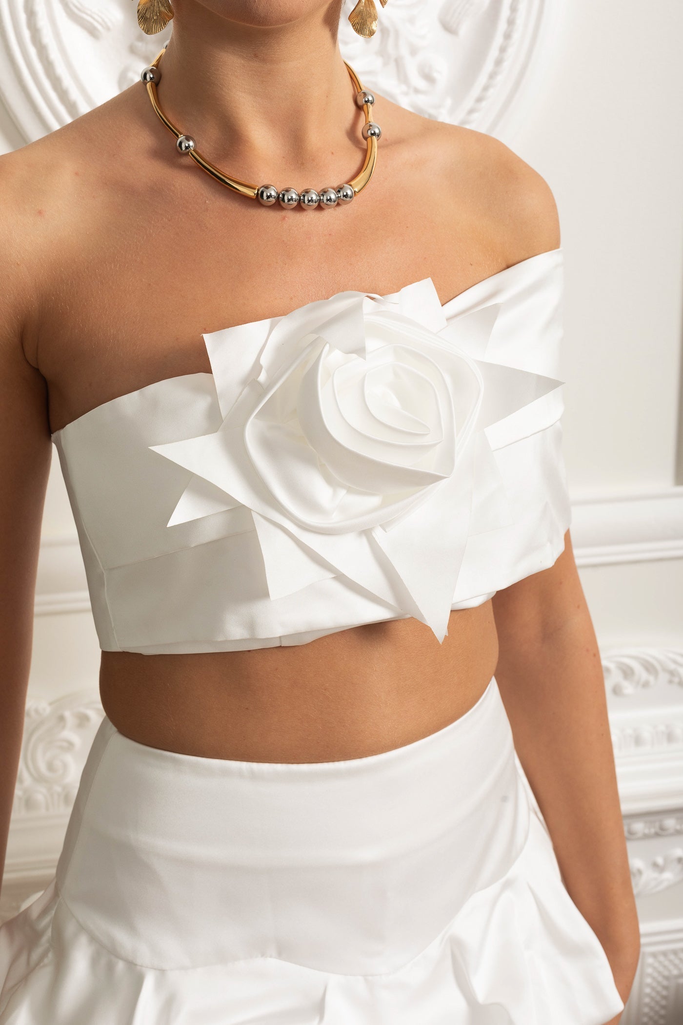 Saten 3D Rozet Takım - Beyaz